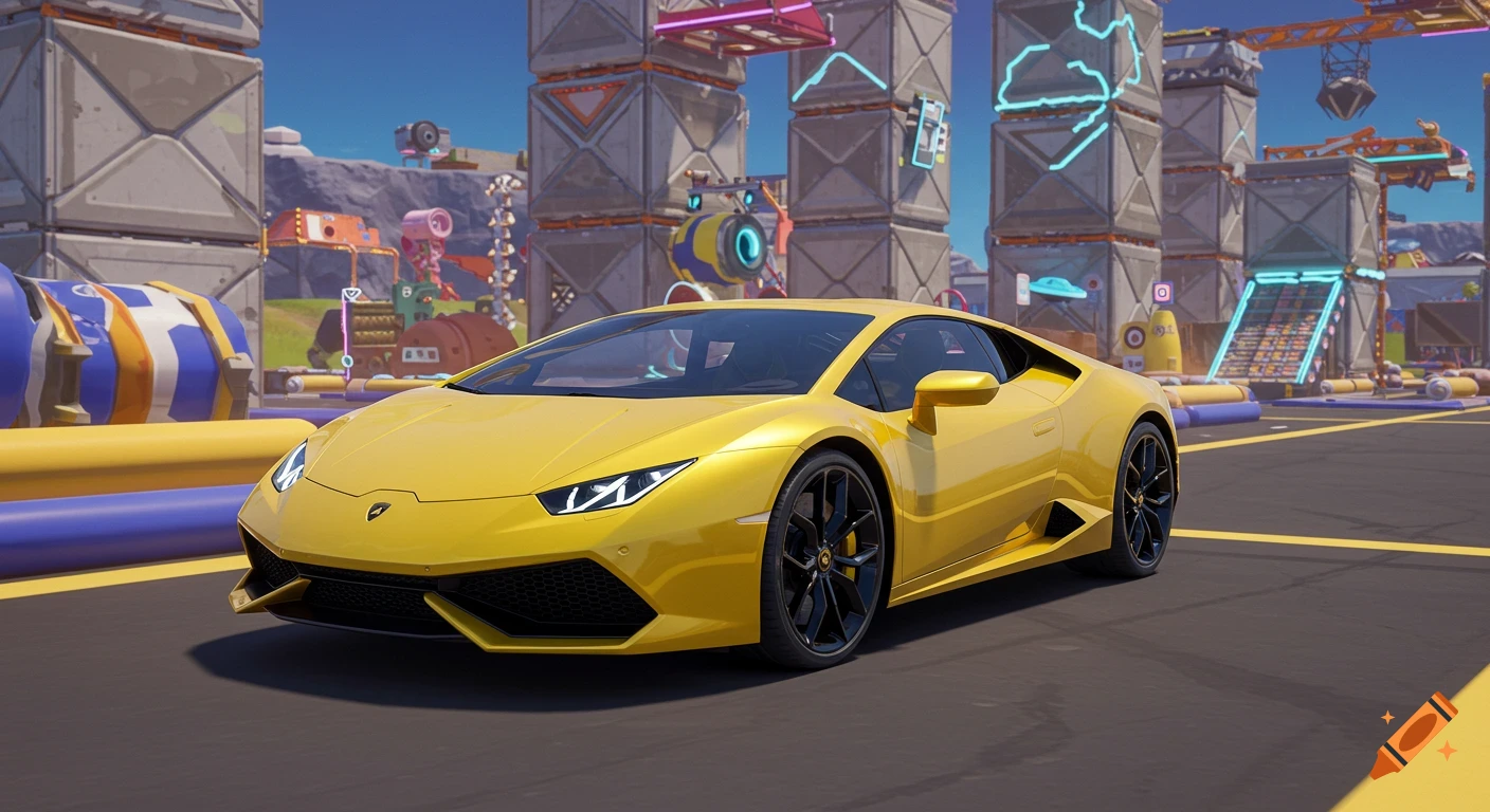 Yellow Lamborghini Huracan sports car in a vibrant, cartoonish Fortnite-style racing environment with blocky structures.
