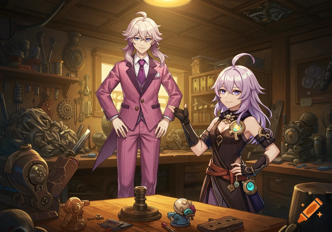 Two anime characters, a man in a pink suit and a woman in a dark outfit, stand in a cluttered mechanical workshop.