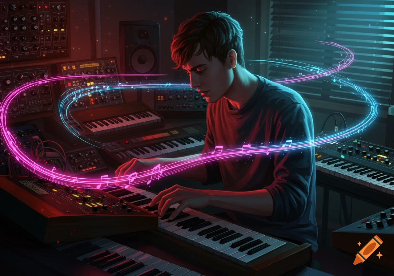 A man with dark hair plays a synthesizer in a dimly lit music studio, surrounded by glowing neon musical notes and electronic equipment.