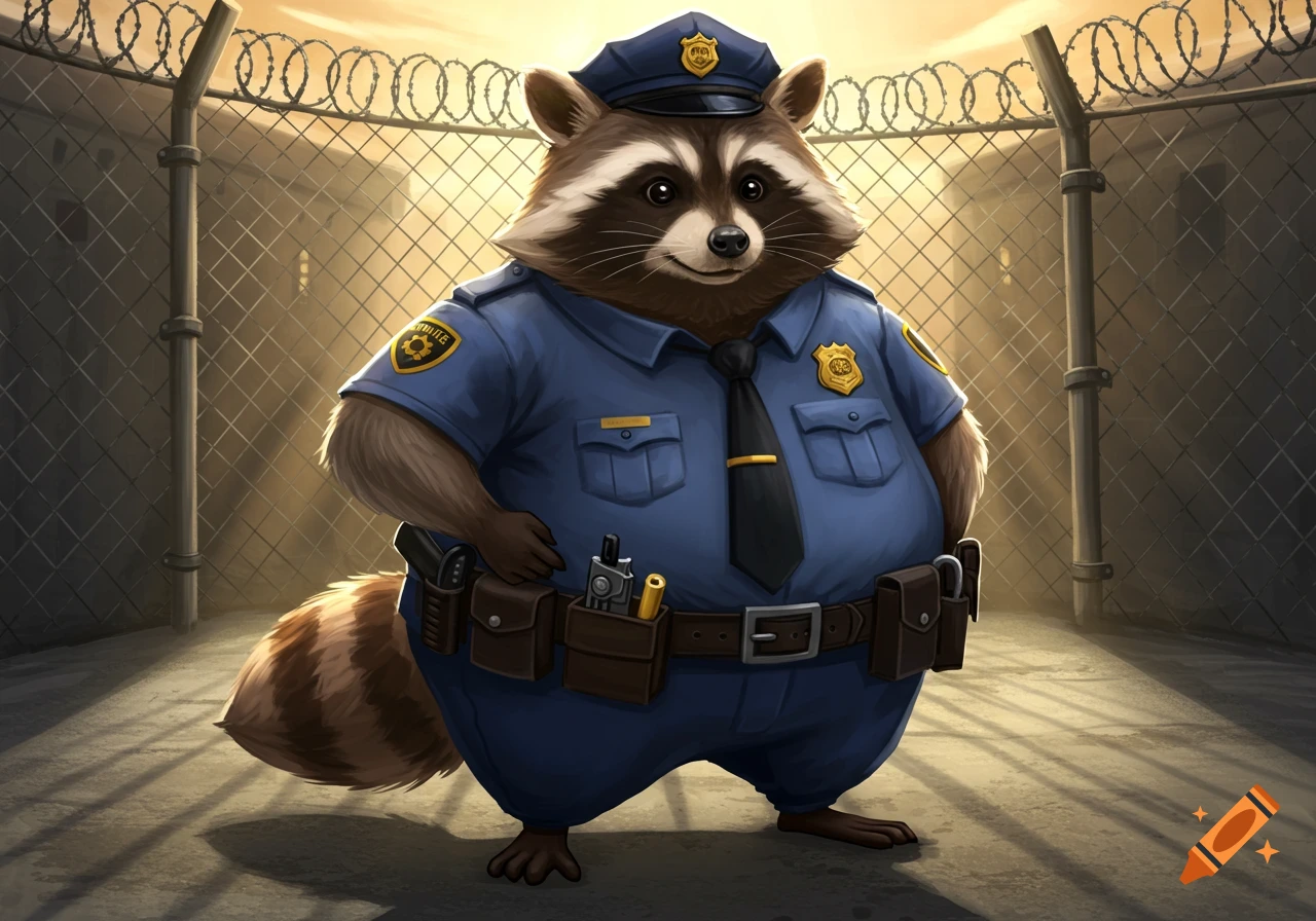 A fat cartoon raccoon dressed as a corrections officer stands in front of a chain-link fence with barbed wire.
