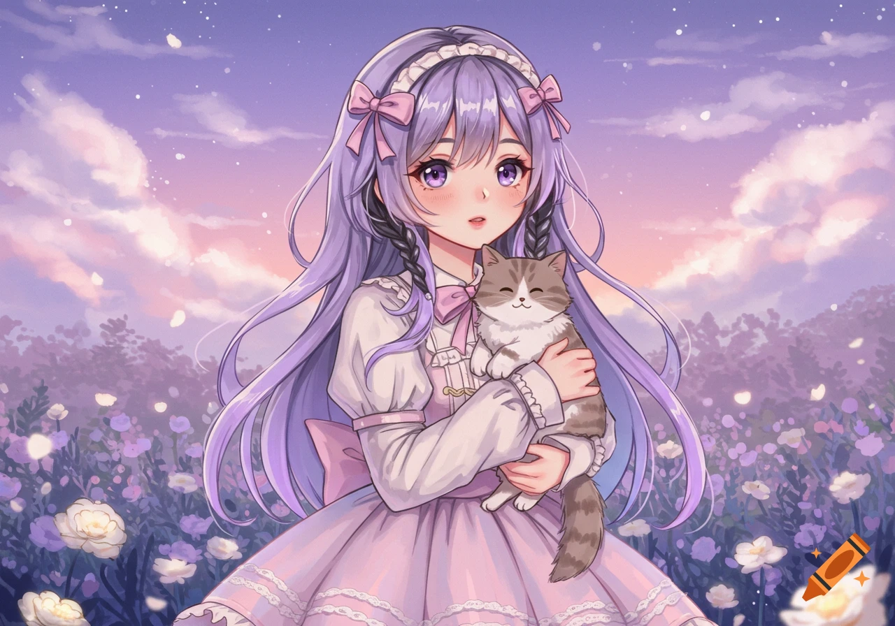 Anime girl with purple hair in a pink dress holding a cat in a flower field under a pastel sky.
