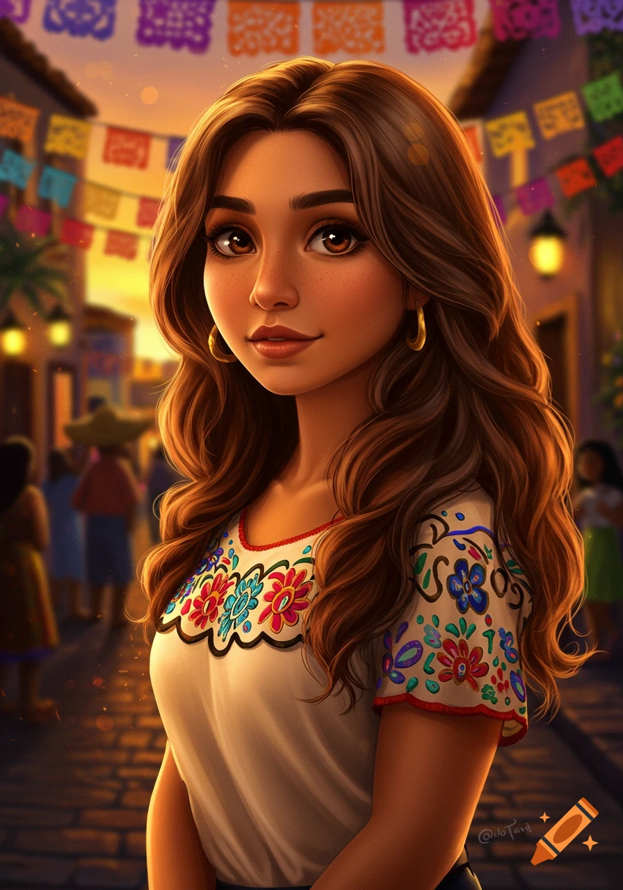 Digital illustration of a smiling Latina woman with long brown hair, wearing a white embroidered blouse, in a festive street scene at sunset.
