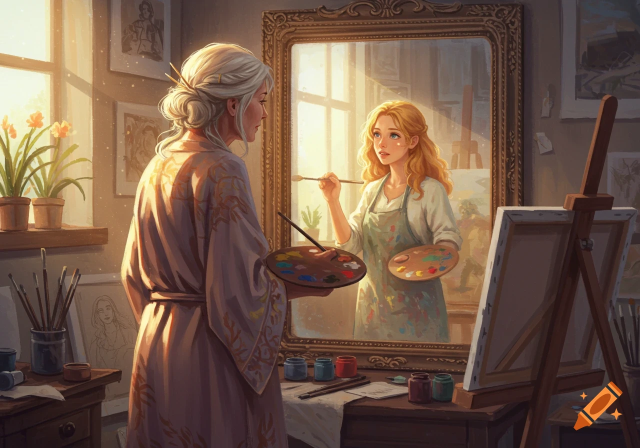 An older white-haired artist in a studio looks into a mirror, seeing a younger blonde version of herself painting in an illustration style.