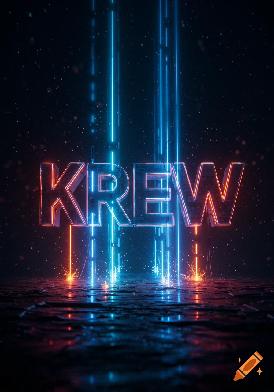 The word KREW rendered in glowing red and blue neon lights with vertical light beams and sparks on a dark, reflective, futuristic surface.