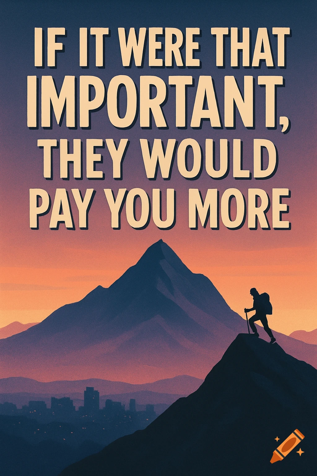 Stylized illustration of a hiker on a mountain at sunset with a city in the distance, and the quote 'IF IT WERE THAT IMPORTANT, THEY WOULD PAY YOU MORE'.