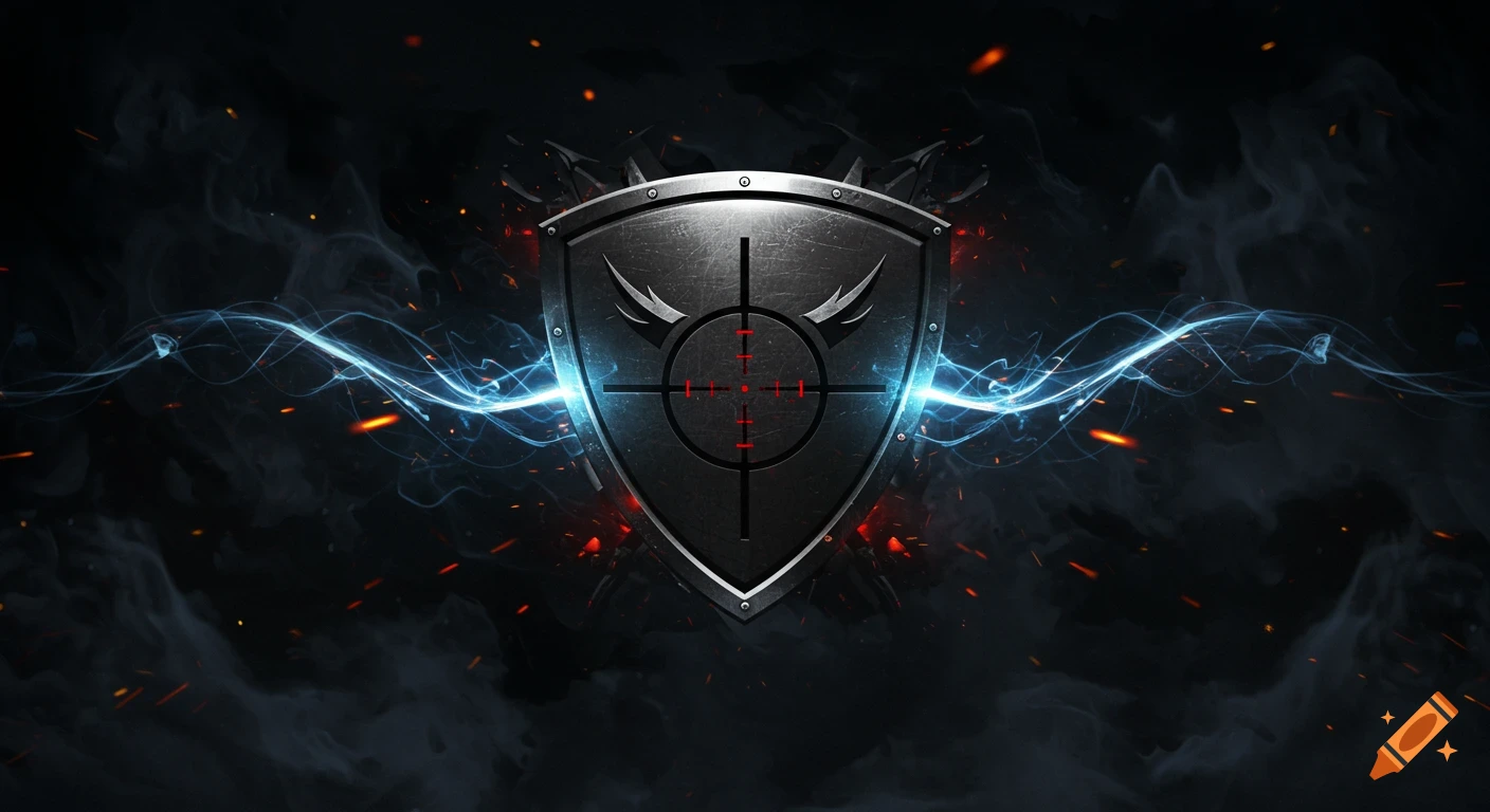 Dark, metallic shield with a red crosshair and wing-like elements, framed by blue electric tendrils, smoke, and orange sparks.