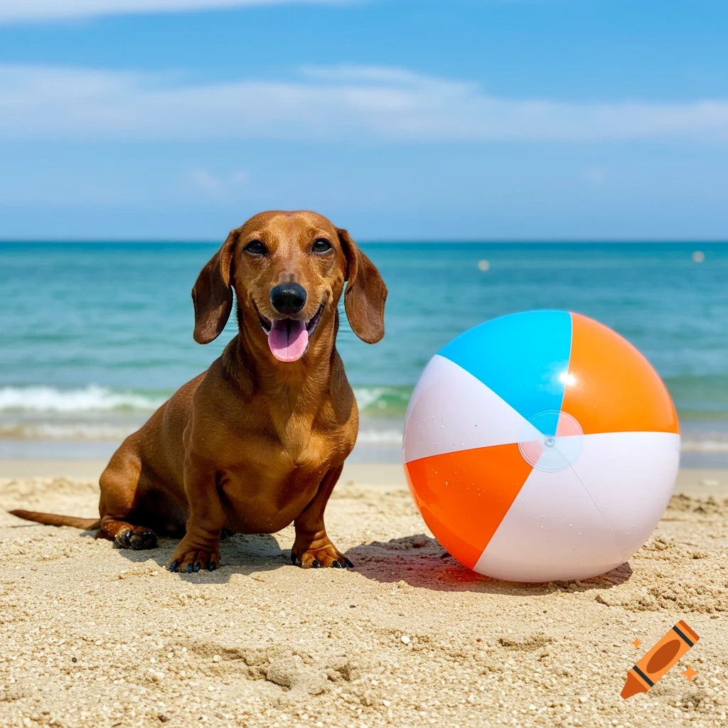 A happy brown dachshund dog sits on a sandy beach next to a blue, orange, and white beach ball, with ocean and blue sky.