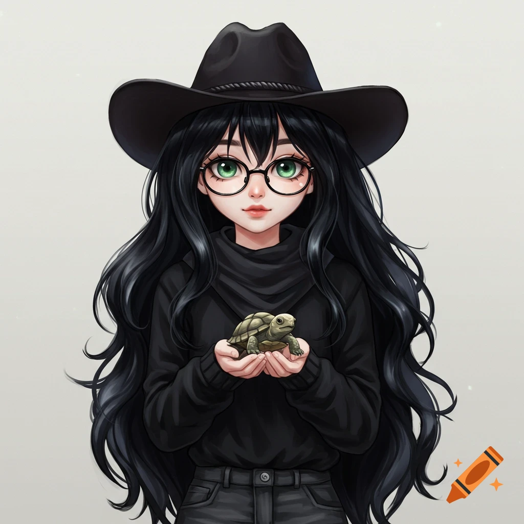 Anime girl with long black hair, glasses, black cowboy hat, and black sweater, holding a small turtle.