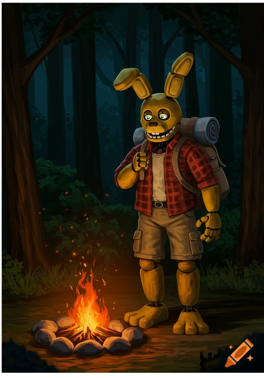 An illustration of Springbonnie, a yellow animatronic rabbit in camping attire, standing by a campfire in a dark forest.