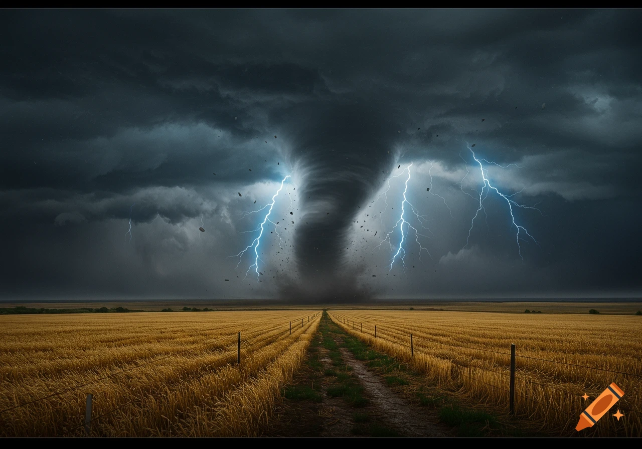Photorealistic image of a powerful tornado with lightning striking over a vast golden field under a dark, dramatic storm sky.