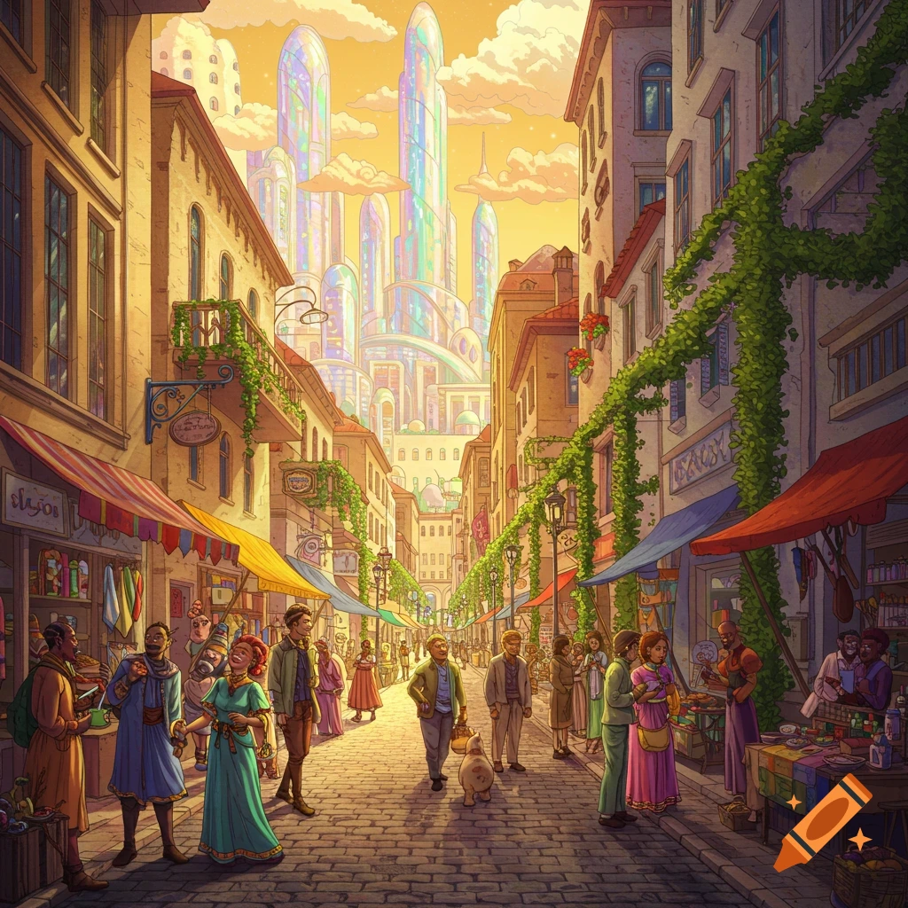 A vibrant, cartoon-style depiction of a bustling market street with people and vendors, leading towards a futuristic, iridescent city under an orange sky.