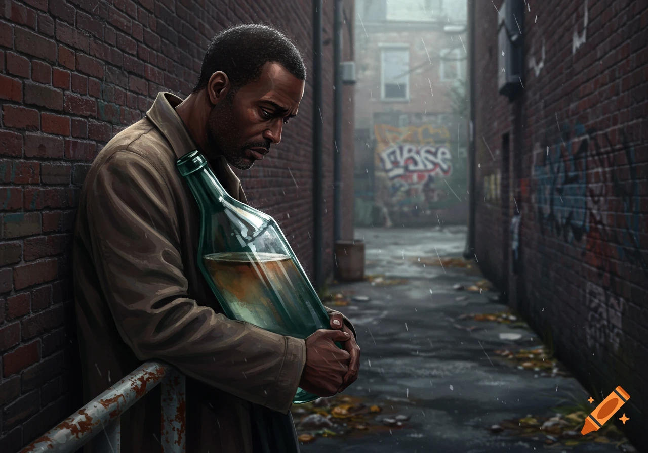 A sad man in a brown coat leans against a brick wall in a rainy, graffiti-filled alley, clutching a large bottle of alcohol.