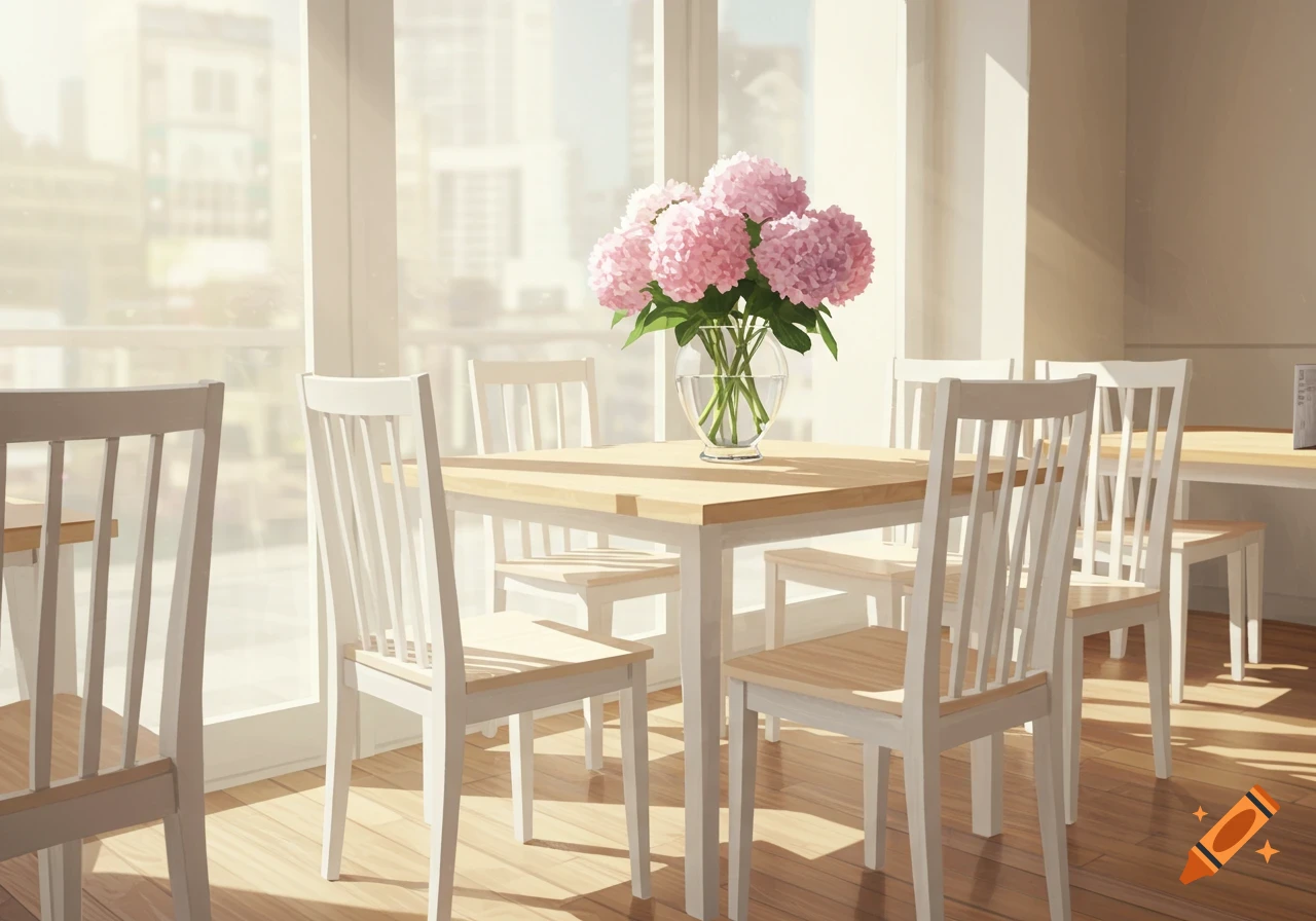 A bright, stylized cafe interior with a white wooden table and chairs, featuring a vase of pink hydrangeas in sunny window light.