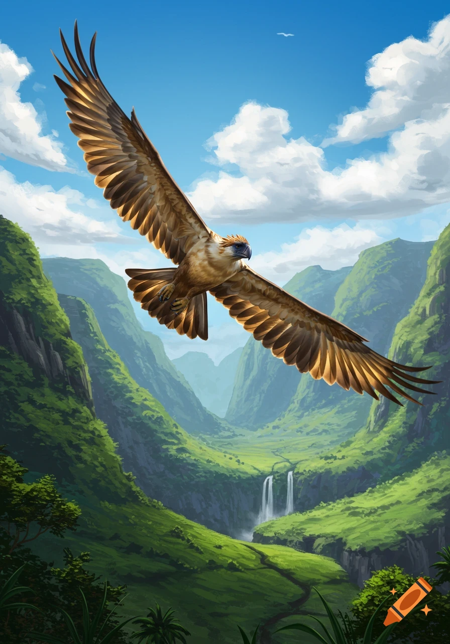 An illustrated Philippine eagle with outstretched wings soars over lush green valleys and mountains with waterfalls under a blue sky.