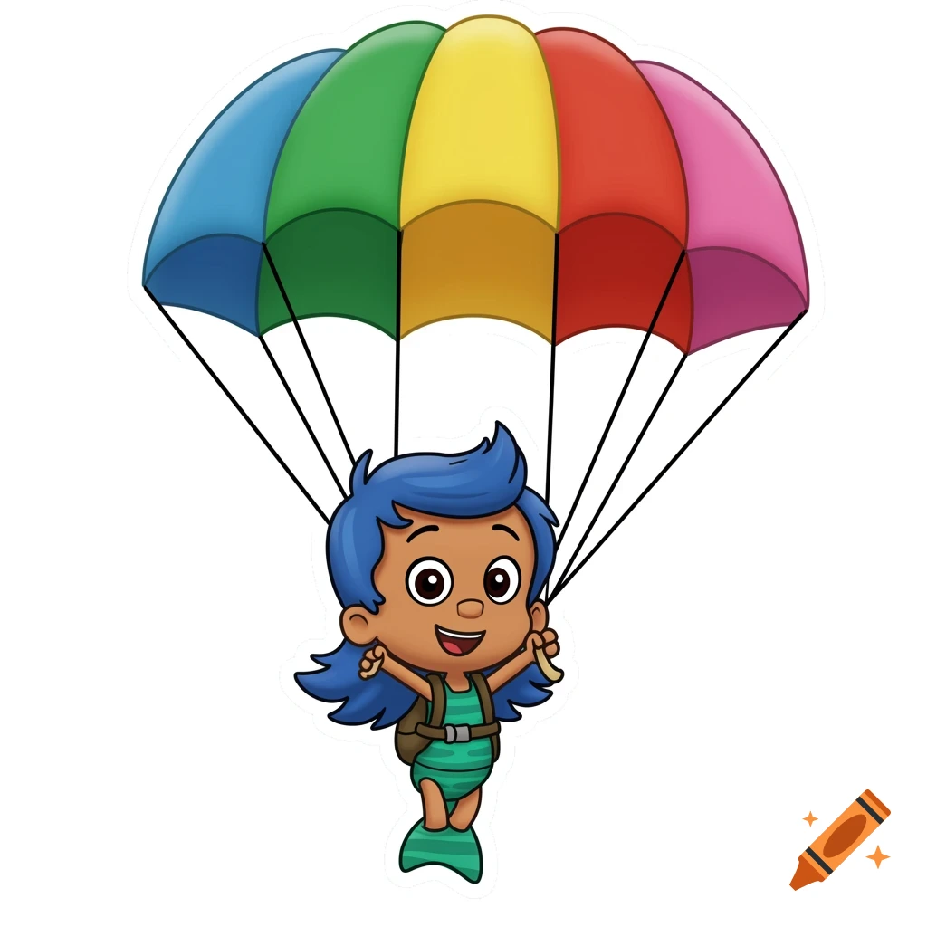 Molly from Bubble Guppies smiling, floating with a colorful rainbow parachute and harness, in a clipart style.