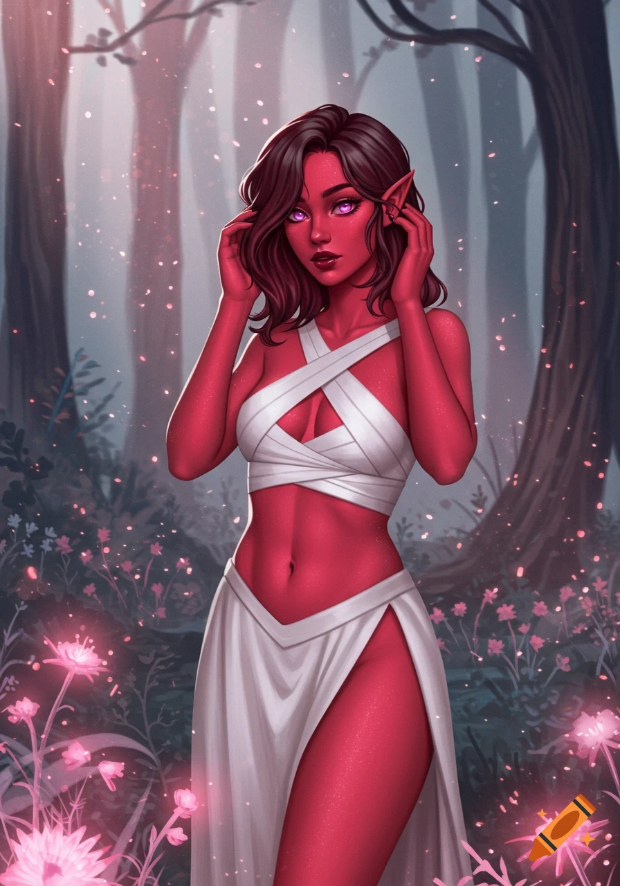 Red-skinned female elf with dark hair and pink eyes, wearing a white cross-top and high-slit skirt, in a magical forest with glowing pink flowers.