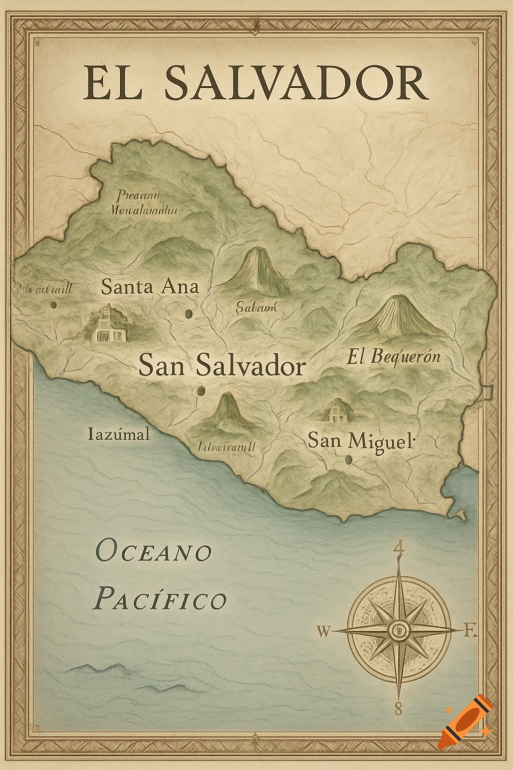 An old-style map of El Salvador, showing major cities, mountains, and the Pacific Ocean, with a compass rose. The map has a parchment-like texture.