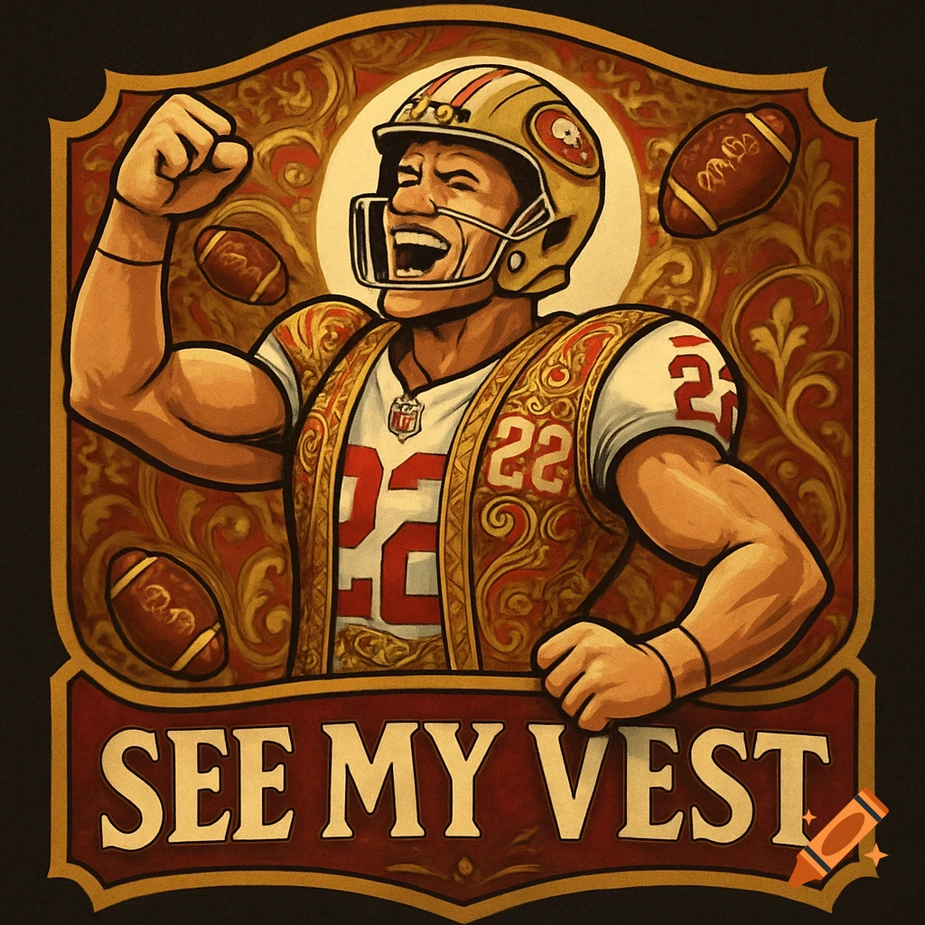 Stylized illustration of a smiling football player in a helmet and ornate vest, flexing, with 'SEE MY VEST' banner.