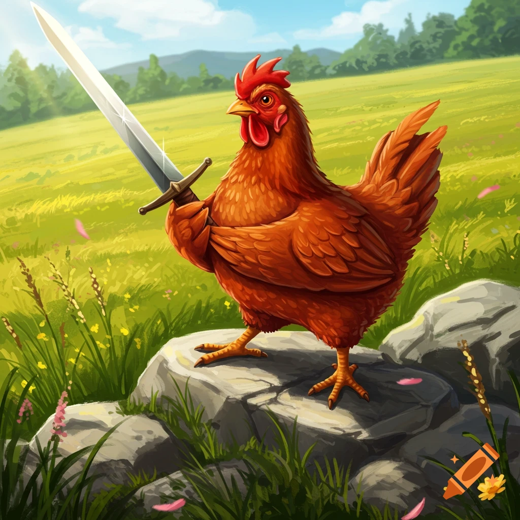 A red hen standing on rocks in a grassy field, holding a shiny broad sword. Illustrated style.