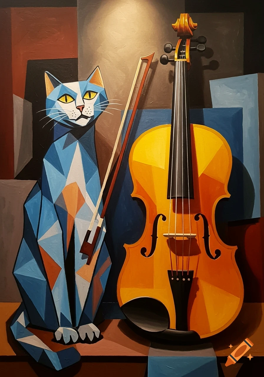 Cubist painting of a blue geometric cat with yellow eyes sitting next to a yellow violin and bow.