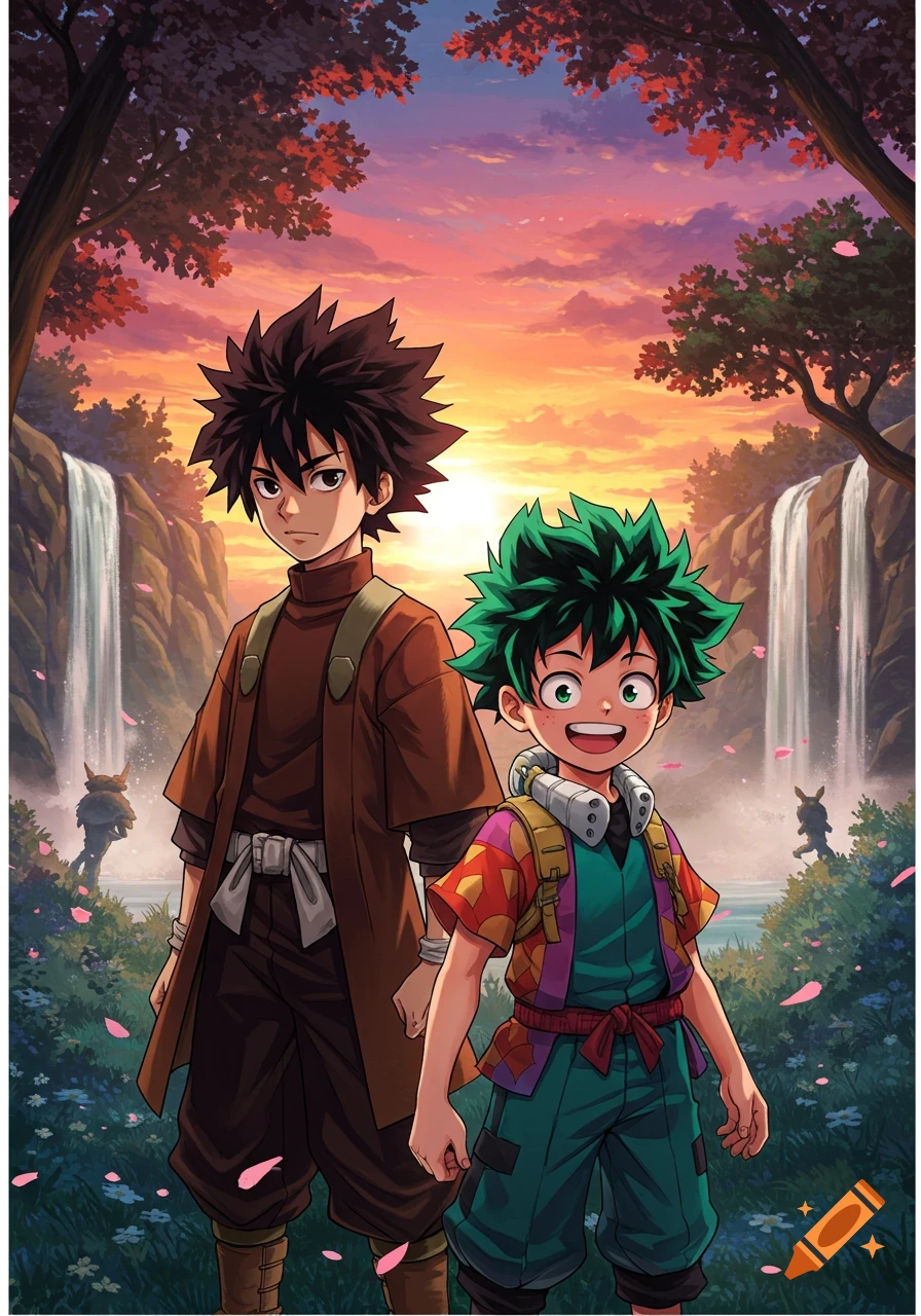 Two anime boys, one with spiky black hair in brown, the other with spiky green hair in colorful attire, stand before waterfalls and a sunset.