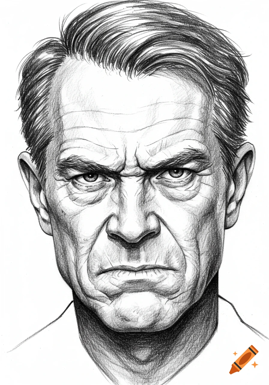Pencil sketch headshot of an older man with a scowling, disdainful expression.