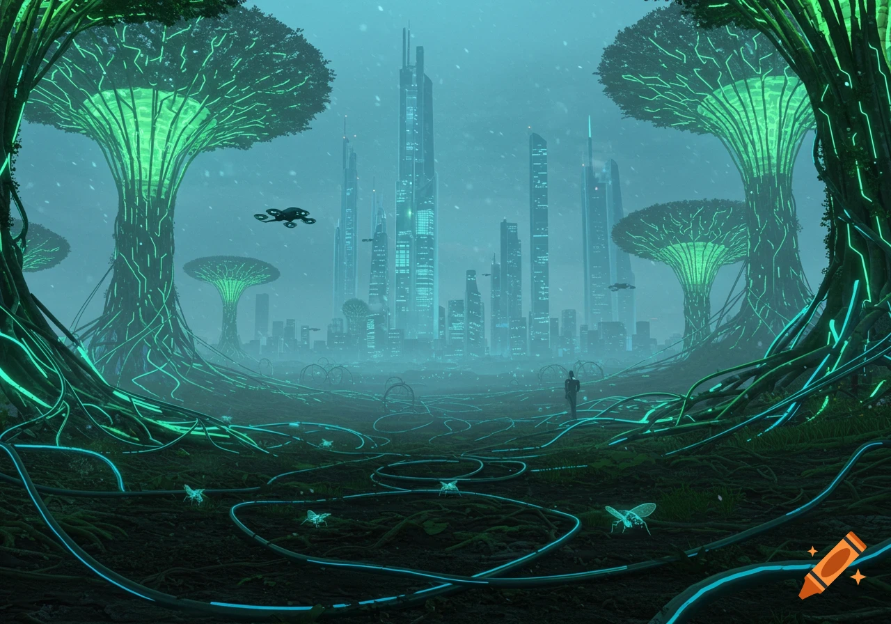 A person stands in a misty, futuristic cityscape with glowing green trees, bioluminescent roots, and flying drones.