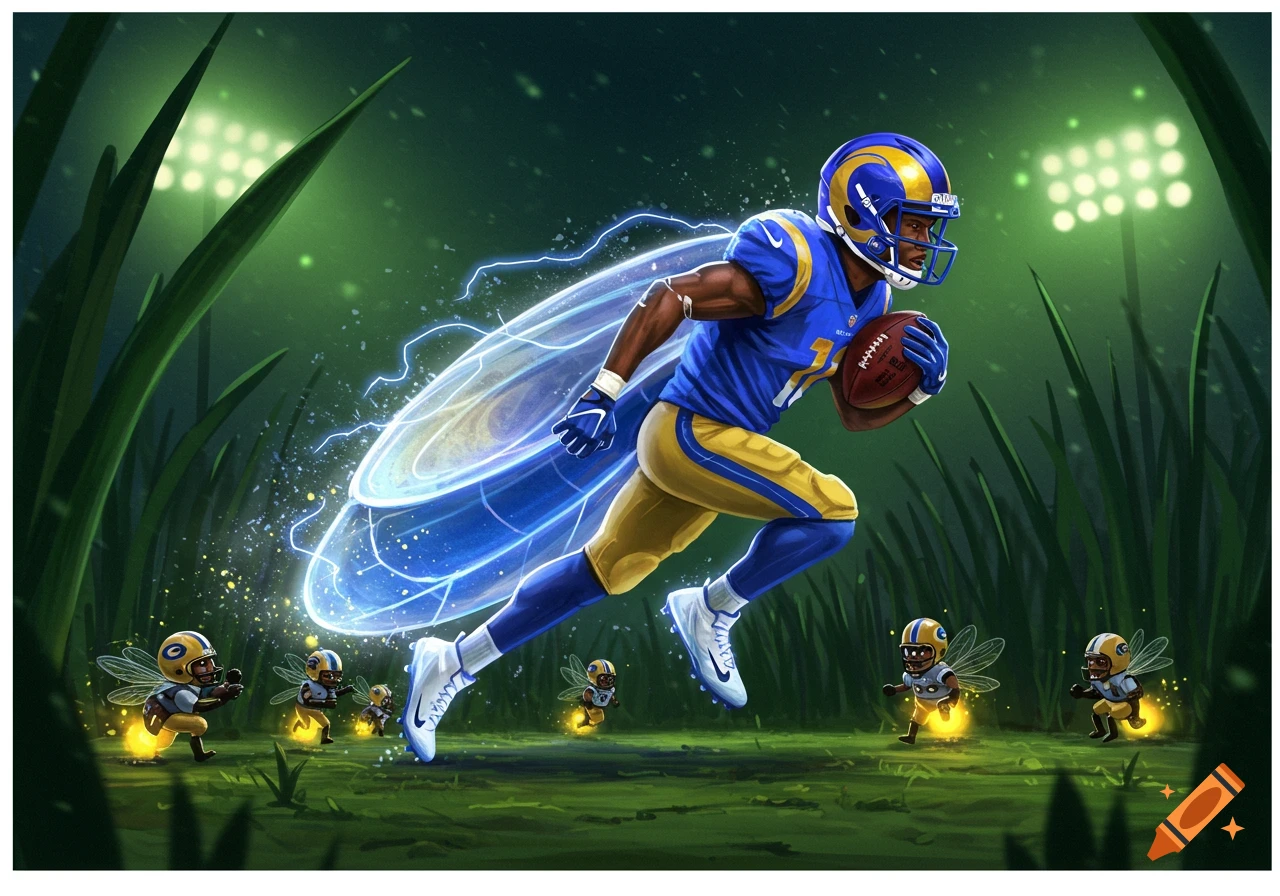 An NFL player in a blue and gold uniform runs with a football, surrounded by electric blue energy and tiny football-playing fireflies, under stadium lights.