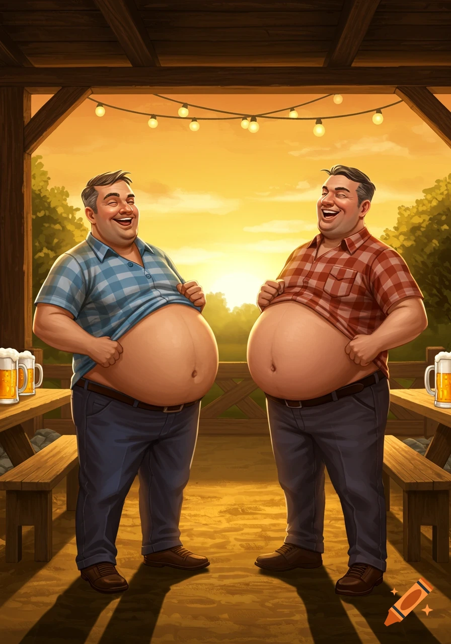 Two cheerful men in a rustic outdoor setting lift their plaid shirts to show off their large beer bellies, with mugs of beer on a table nearby. Illustration.