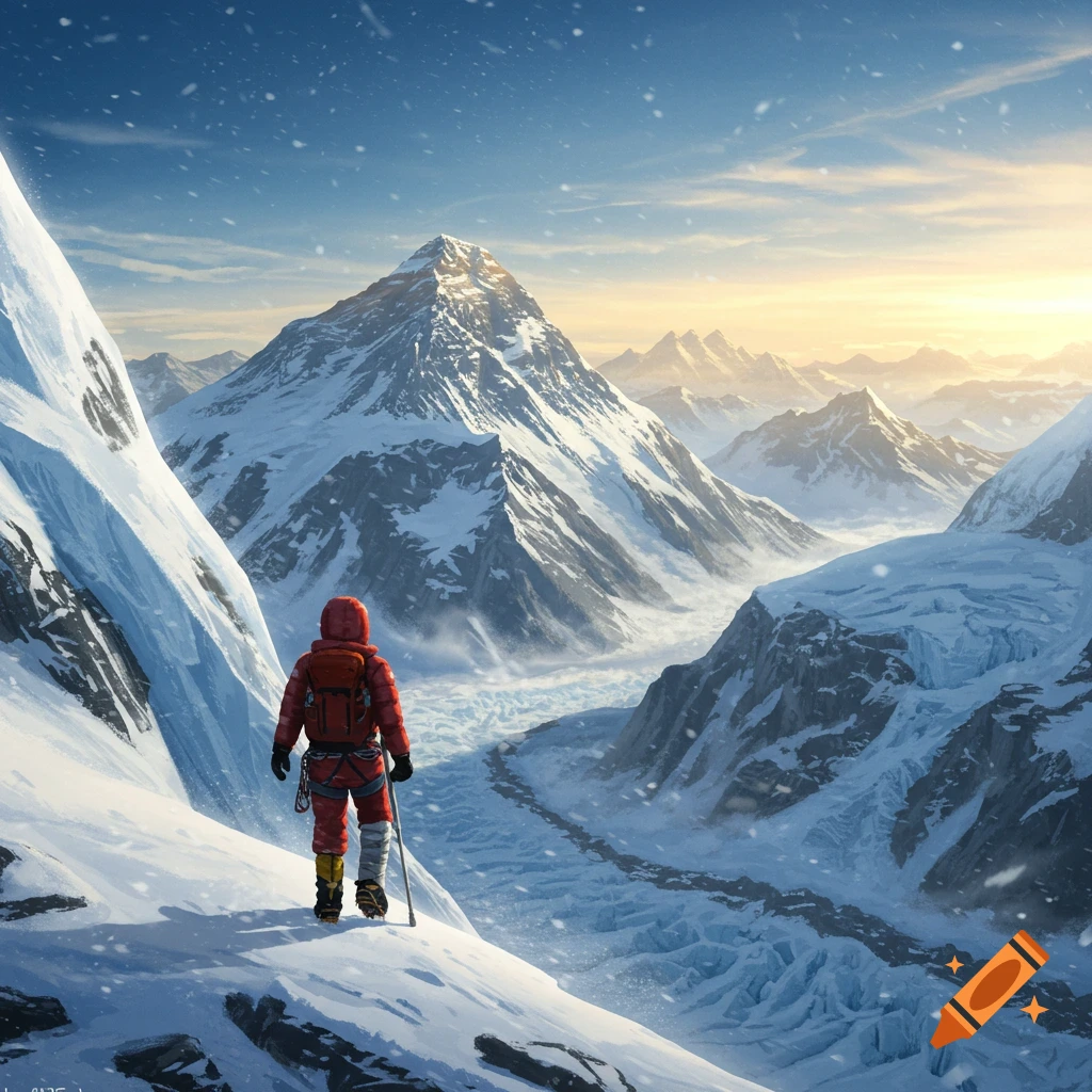 A person in red climbing gear and backpack stands on a snowy mountain slope, looking towards a vast range of snow-capped peaks at sunrise.