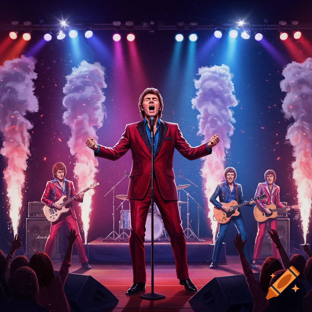A band performs on stage with a lead singer in a red suit at the microphone, backed by two guitarists and a drummer, under colorful stage lights and smoke effects.