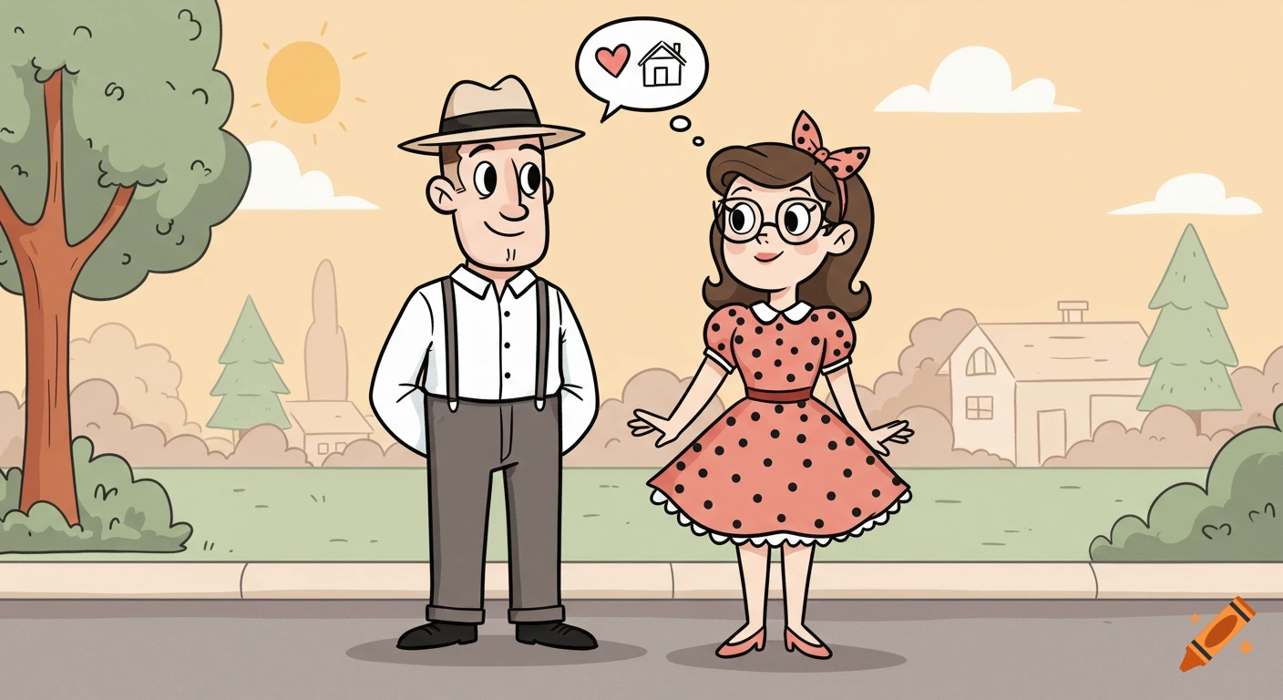 A hand-drawn cartoon in 1950s animation style shows a smiling man and woman on a suburban street. A thought bubble above them contains a heart and a house.