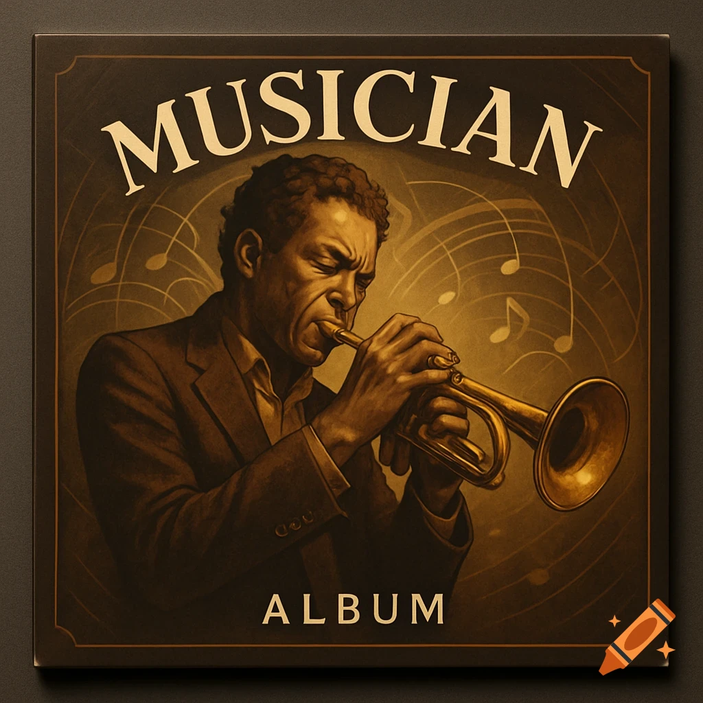 Sepia-toned album cover art of an African American man playing a trumpet, with 'MUSICIAN' and 'ALBUM' text.