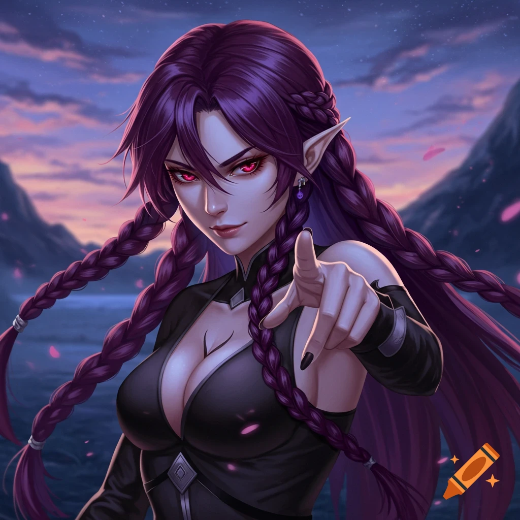 Anime elf girl with long purple braided hair and glowing red eyes, wearing a black outfit, pointing at the viewer against a dusk mountain landscape.