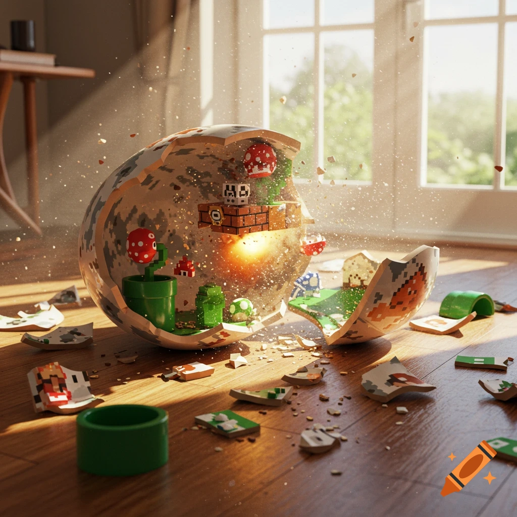 A broken, egg-shaped globe reveals a pixelated Super Mario Bros. level diorama inside, with coins, blocks, and a Piranha Plant. Broken pieces are scattered on a sunlit wooden floor.
