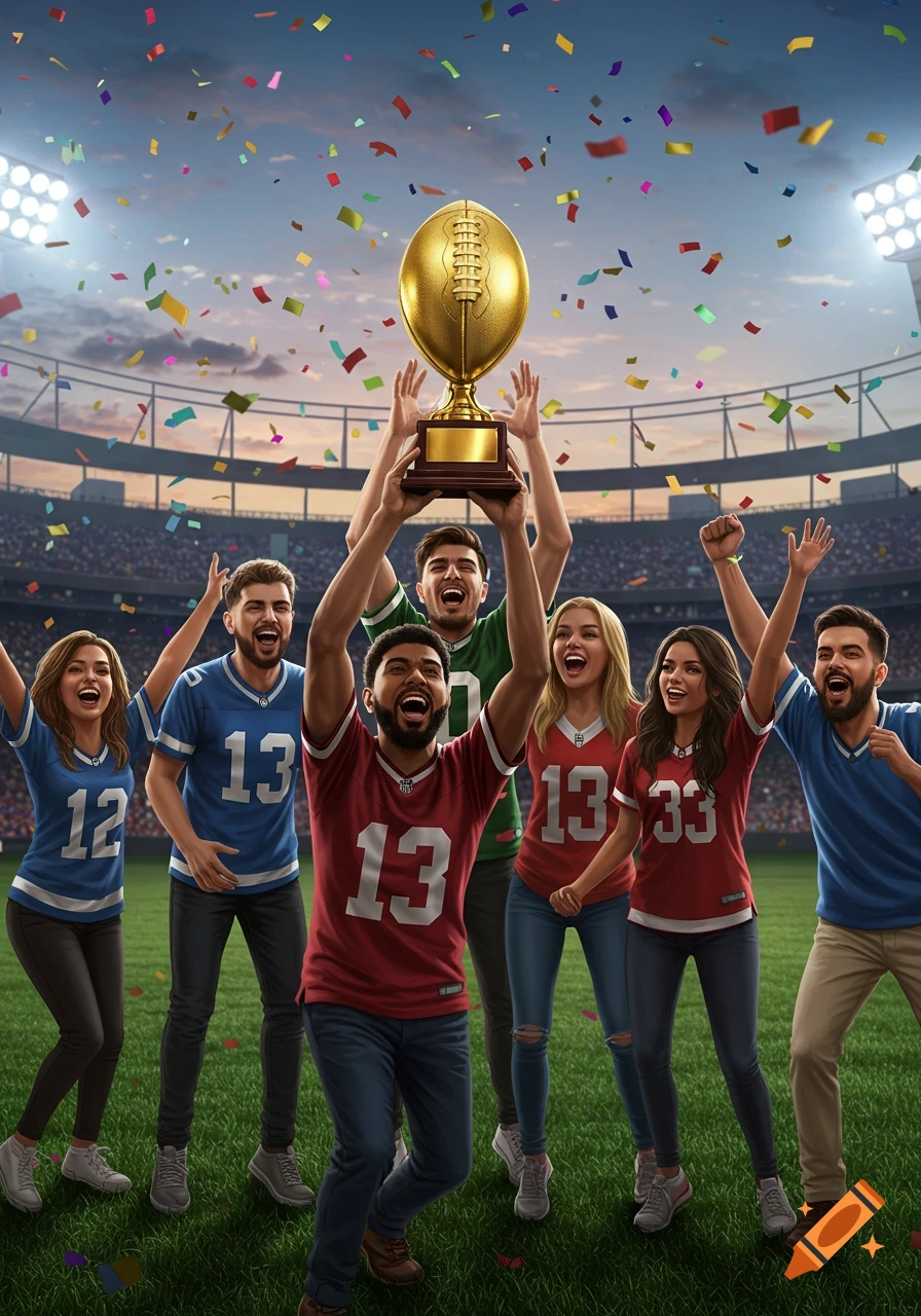 A diverse group of excited fans celebrate a football victory, holding up a golden football trophy in a stadium with confetti falling.