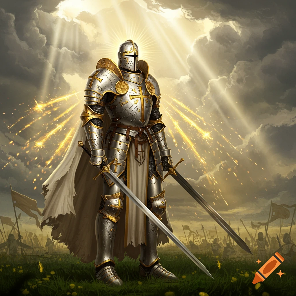 A knight in gleaming silver and gold armor, adorned with crosses, stands in a battlefield under dramatic rays of light, holding two swords.