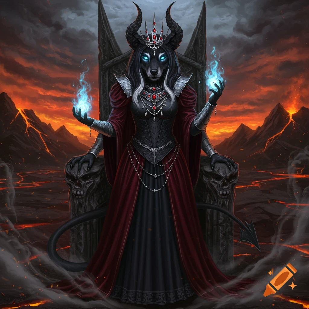 A dark fantasy digital art of a female hellhound queen on a skull throne, holding blue fire in a volcanic, hellish landscape.