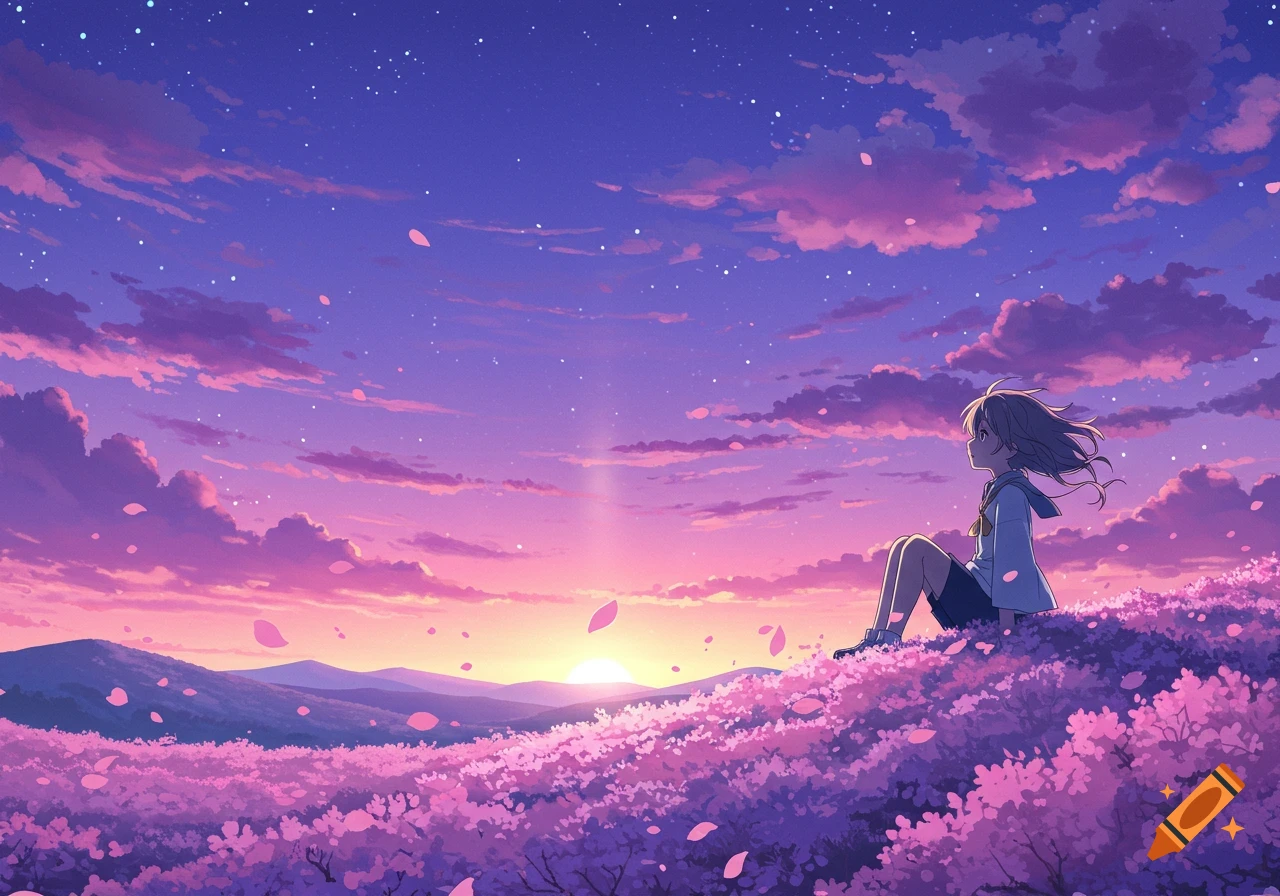 An anime girl sits on a hill of pink flowers, watching a vibrant purple and pink sunset over mountains.