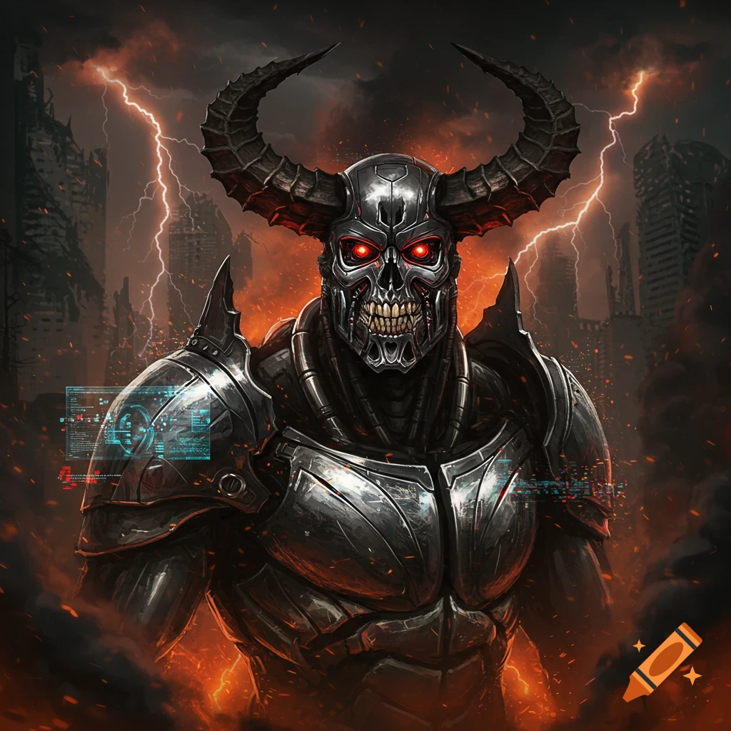 A heavily armored demon-robot with glowing red eyes, sharp horns, and a skull-like face stands amidst a fiery, ruined cityscape with lightning. The figure is dark, metallic, and menacing.