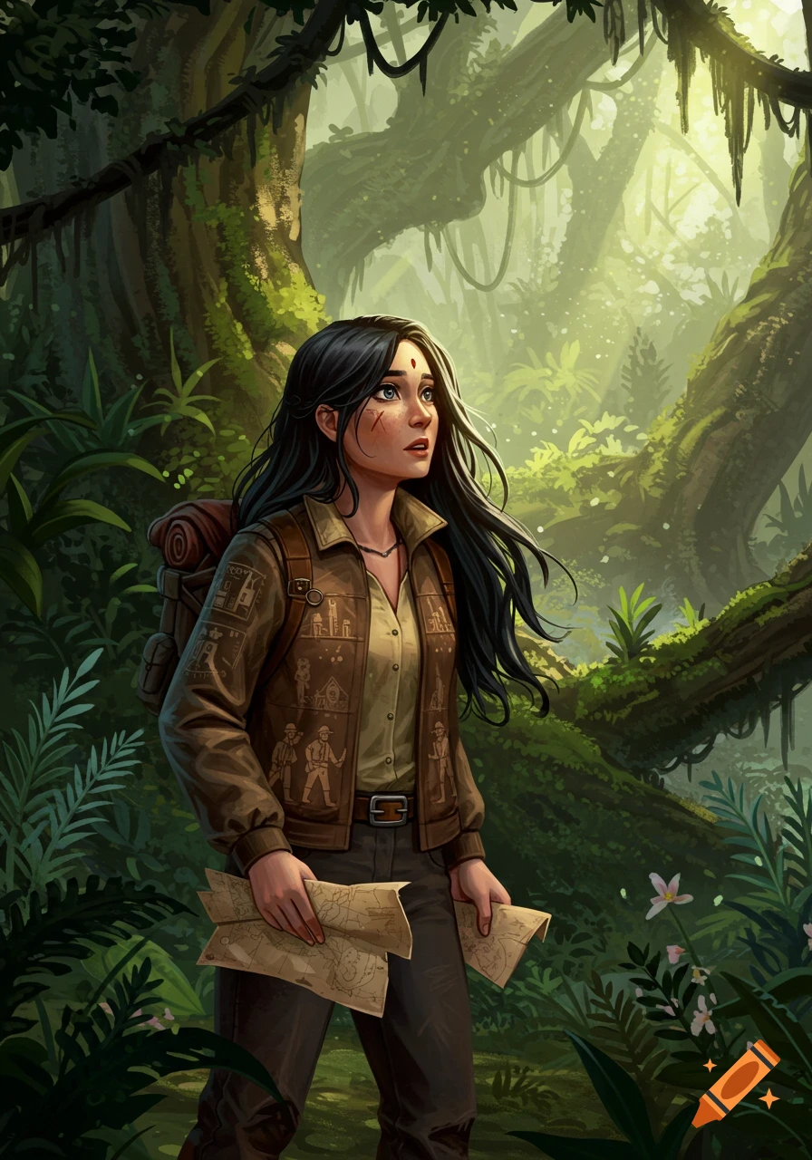 A young female explorer with dark hair stands in a lush, green jungle, looking up while holding two maps.