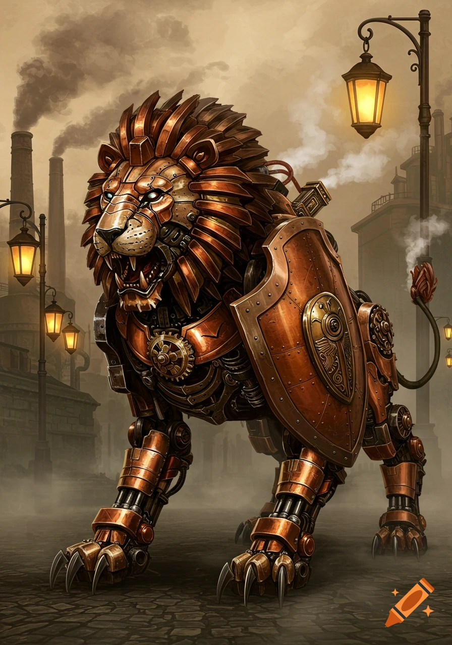A detailed copper steampunk lion with a shield stands on a cobblestone street, industrial factories and streetlights in the background.