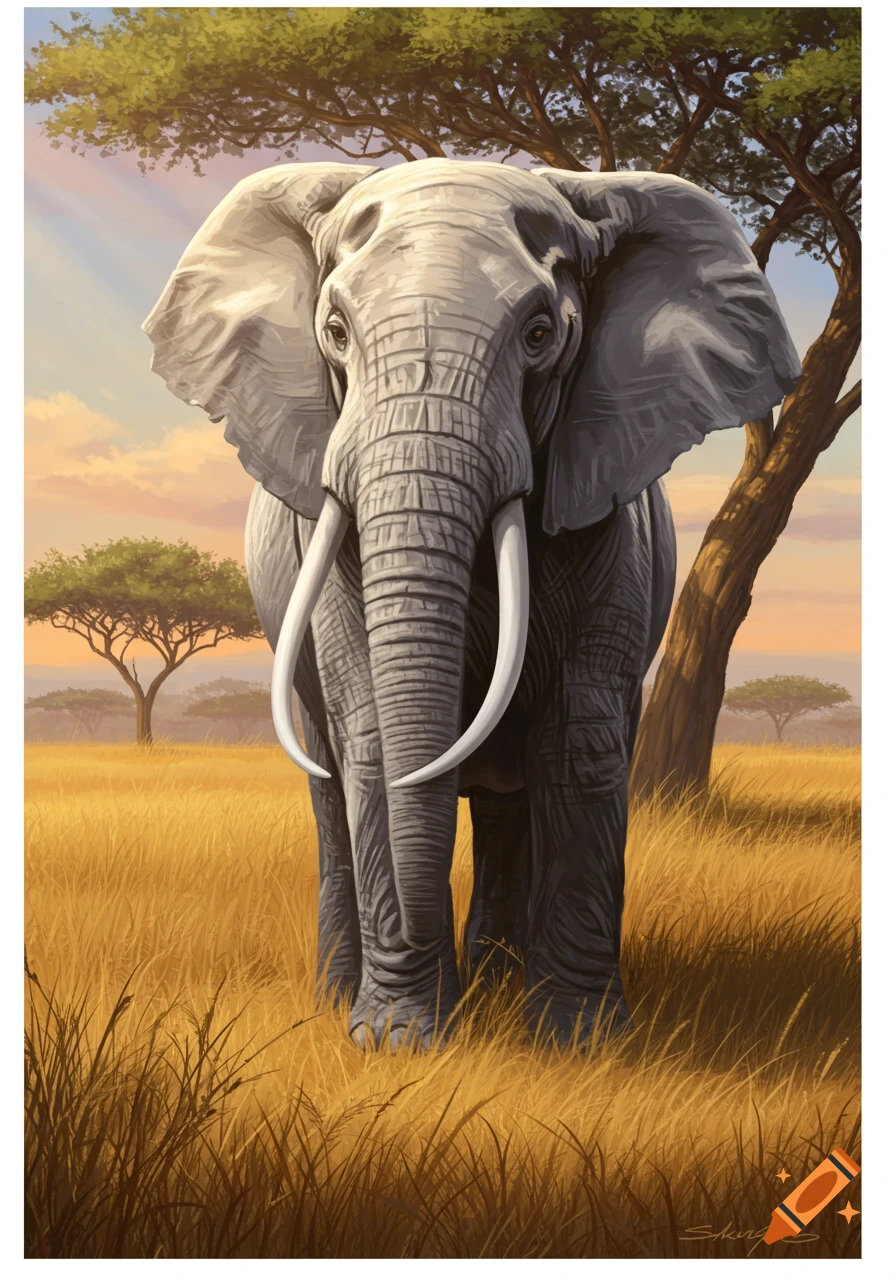 A majestic grey elephant with long white tusks stands in a golden savanna with trees under a warm sky, in a painted style.