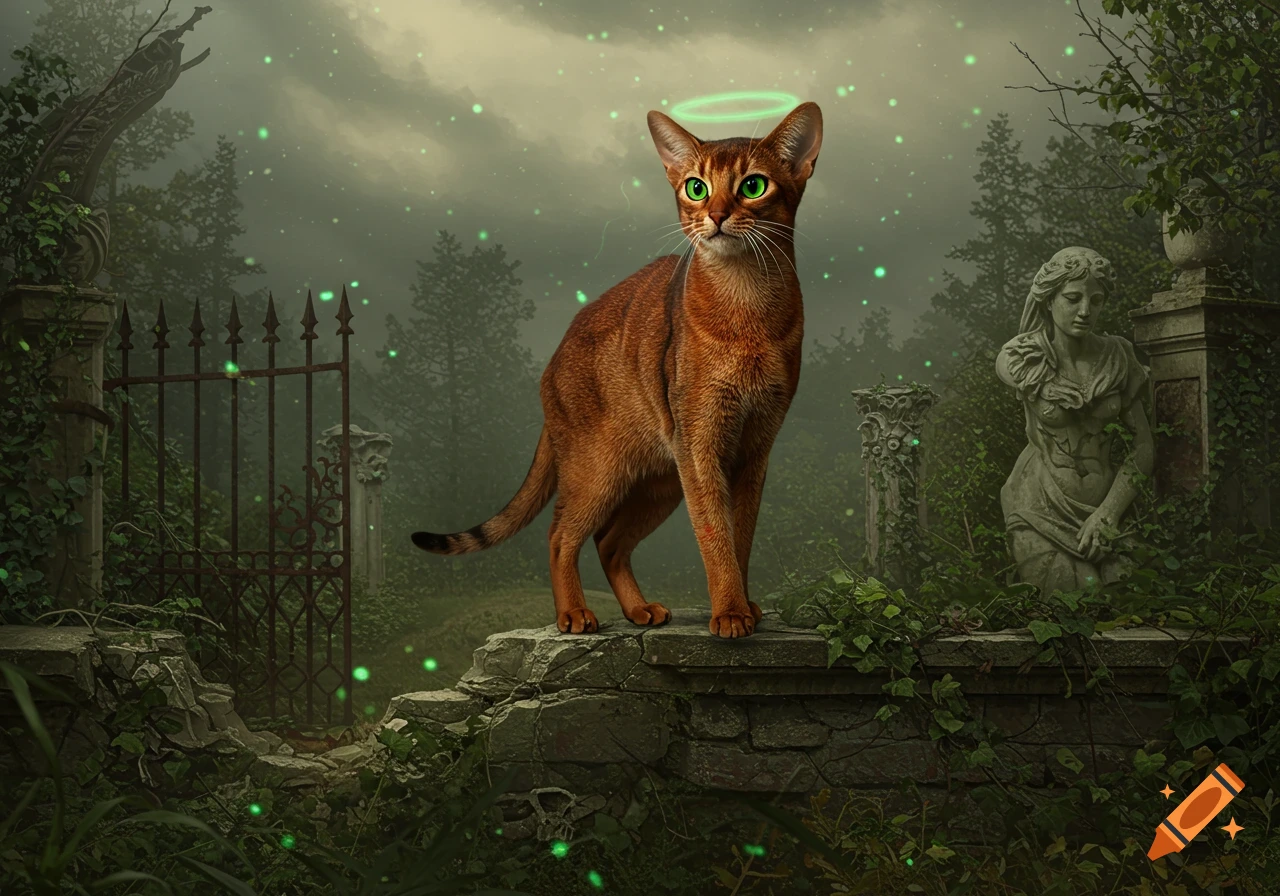 A ruddy Abyssinian cat with glowing green eyes and a halo stands on a stone wall in a dark, overgrown, magical garden with statues and a gate.