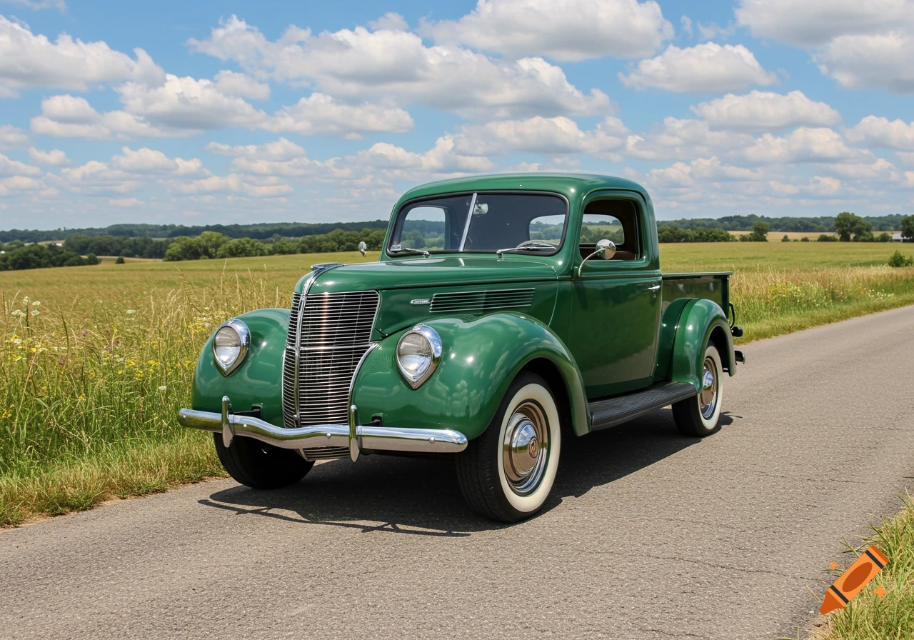A classic bright green pickup truck is parked on a paved road next to a golden field under a blue sky with white clouds.
