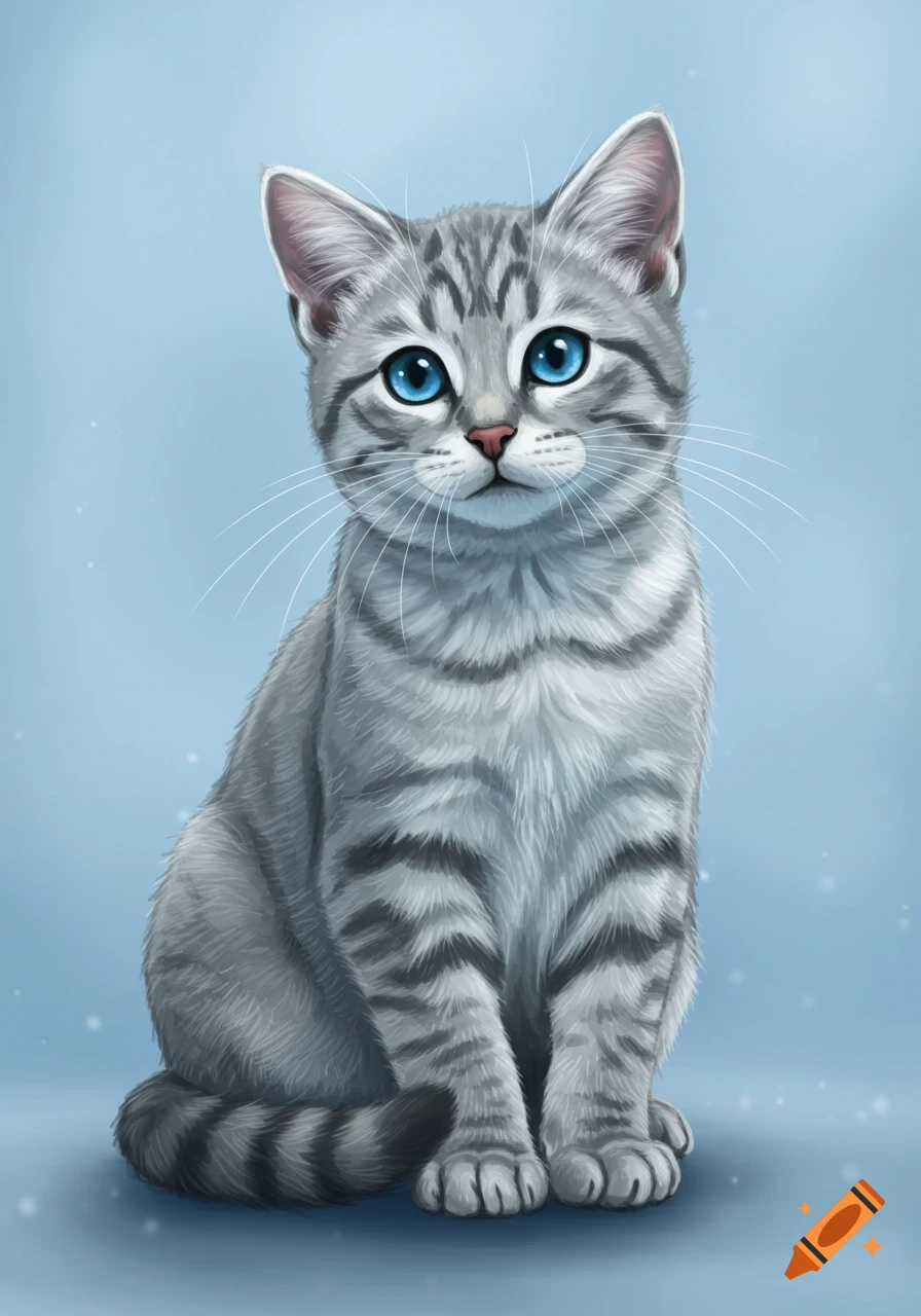 A cute gray tabby cat with bright blue eyes sits looking forward against a soft light blue background in an illustrative style.