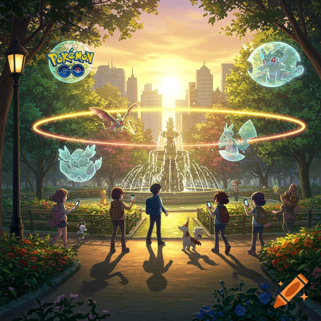 A vibrant illustration of trainers playing Pokemon GO in a city park at sunset, with a fountain and skyline in the background. Holographic Pokemon appear around them.