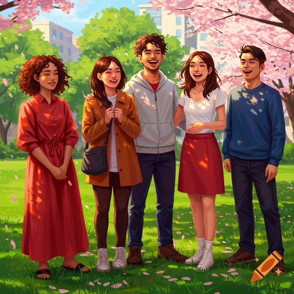 Five young friends smiling and standing in a sunny park filled with pink cherry blossoms and green grass. Colorful illustration.