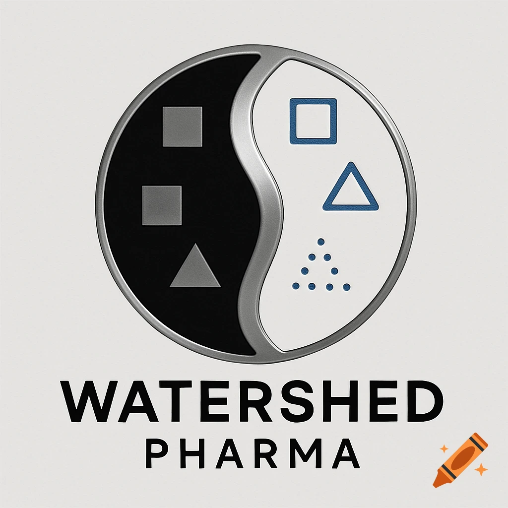 Circular logo with black and white halves separated by a metallic S-curve, containing geometric shapes. Text 'WATERSHED PHARMA' below.