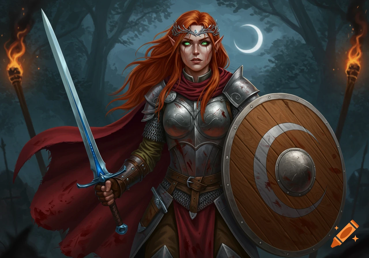 Red-haired elven warrior with green eyes, wearing armor, holding a sword and wooden shield with a crescent moon symbol, in a dark forest.